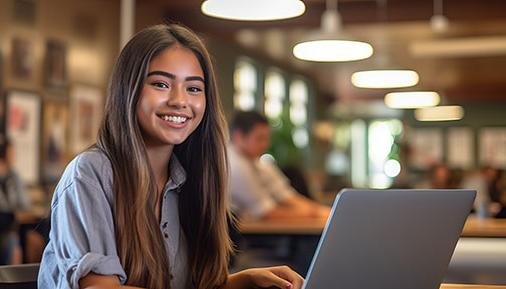 girl using laptop in classroom